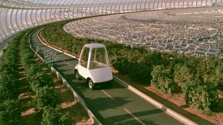Make this the same photograph with nobody in it: remove the woman and continue the scene behind her where she stood. Keep everything else exactly: the road through the orchards and the small white self-driving car,…