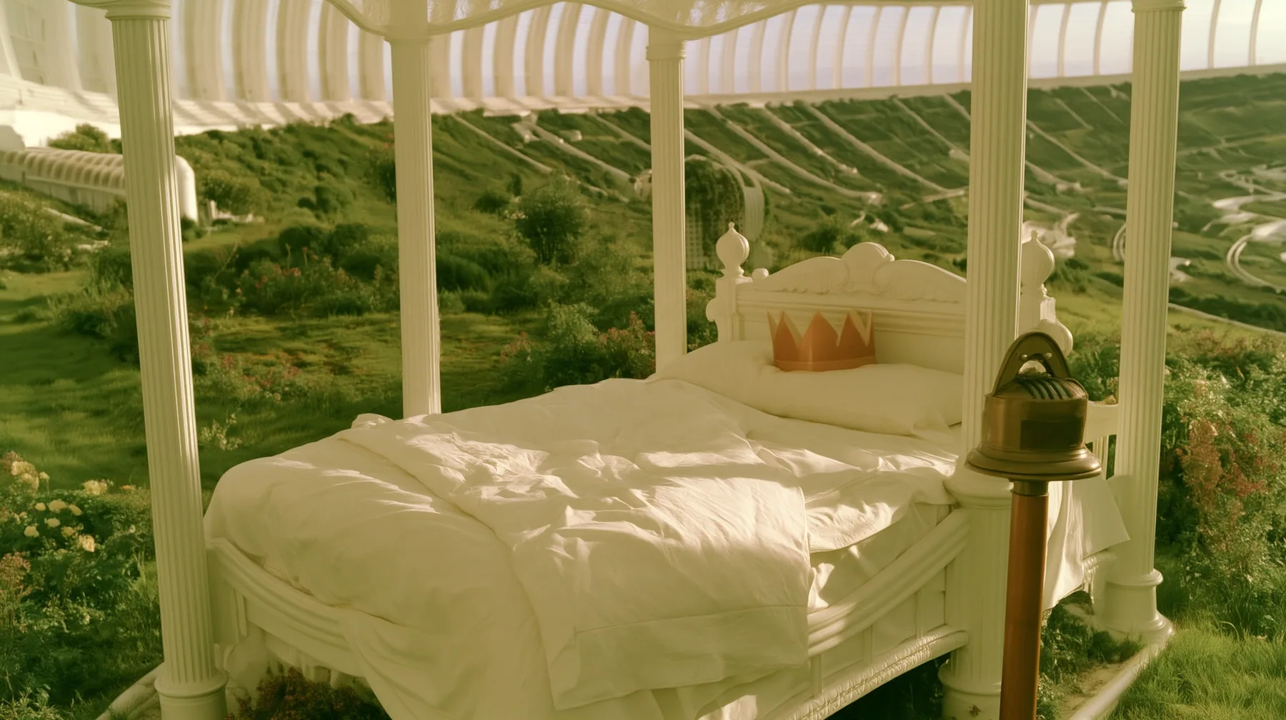 Make this the same photograph with nobody in it: remove the woman and continue the scene behind her where she stood. Keep everything else exactly: the white four-poster bed with its white linen and the brass punch…