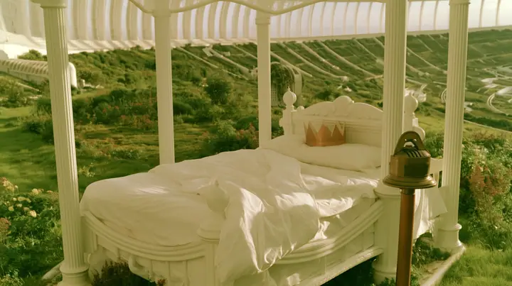 Make this the same photograph with nobody in it: remove the woman and continue the scene behind her where she stood. Keep everything else exactly: the white four-poster bed with its white linen and the brass punch…