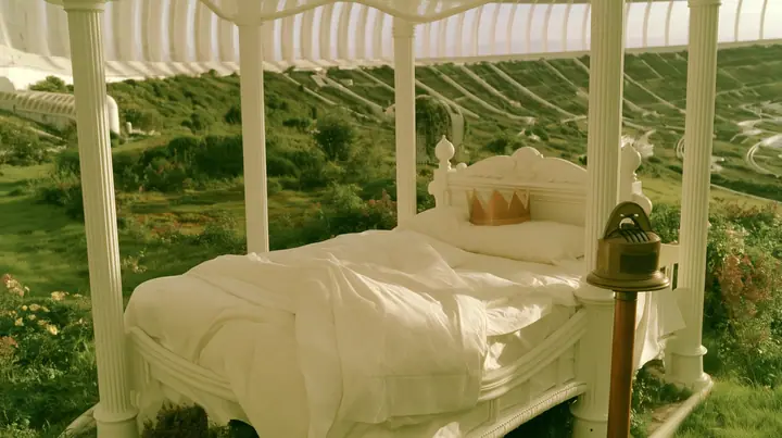 Make this the same photograph with nobody in it: remove the woman and continue the scene behind her where she stood. Keep everything else exactly: the white four-poster bed with its white linen and the brass punch…