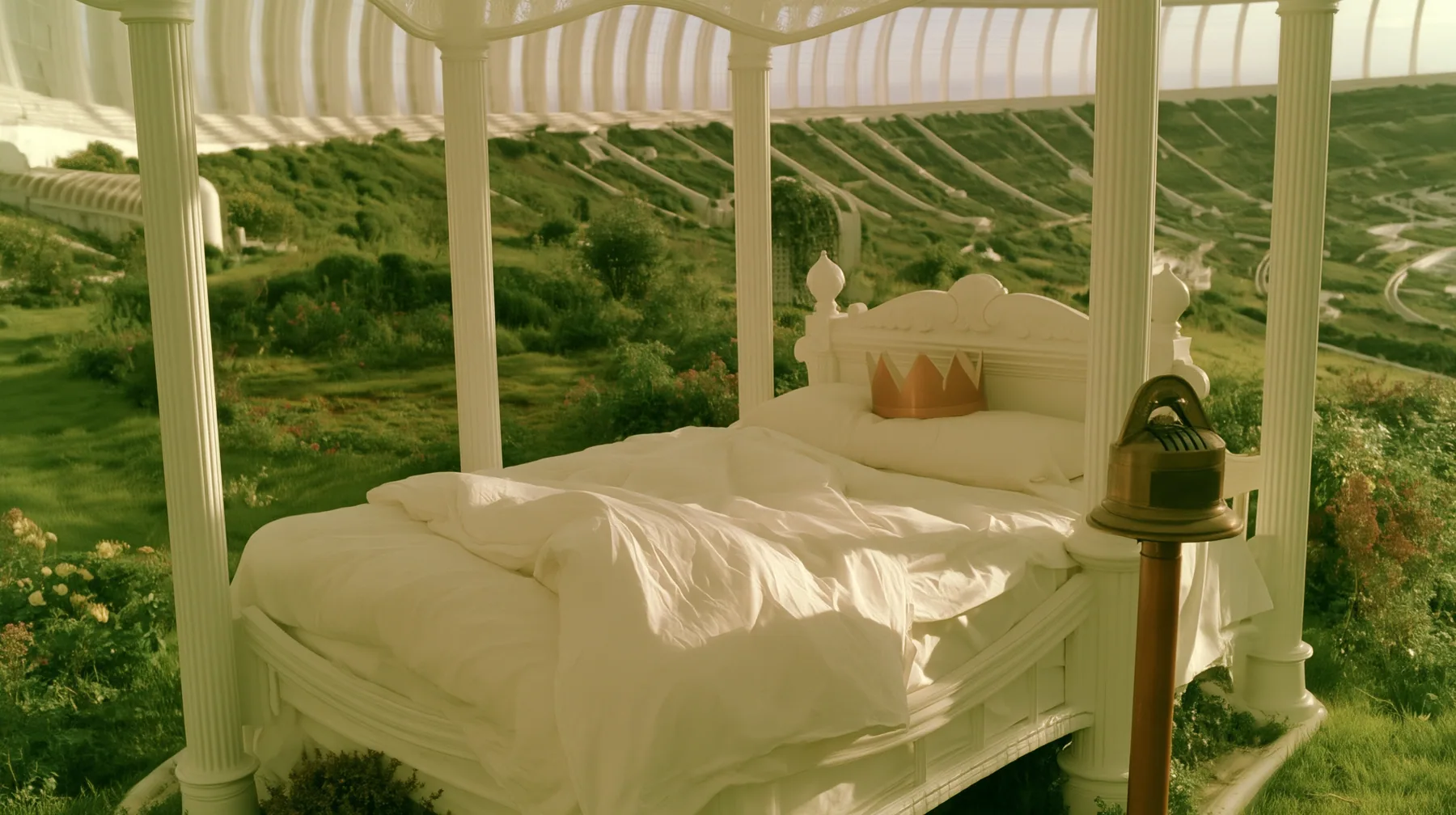 Make this the same photograph with nobody in it: remove the woman and continue the scene behind her where she stood. Keep everything else exactly: the white four-poster bed with its white linen and the brass punch…