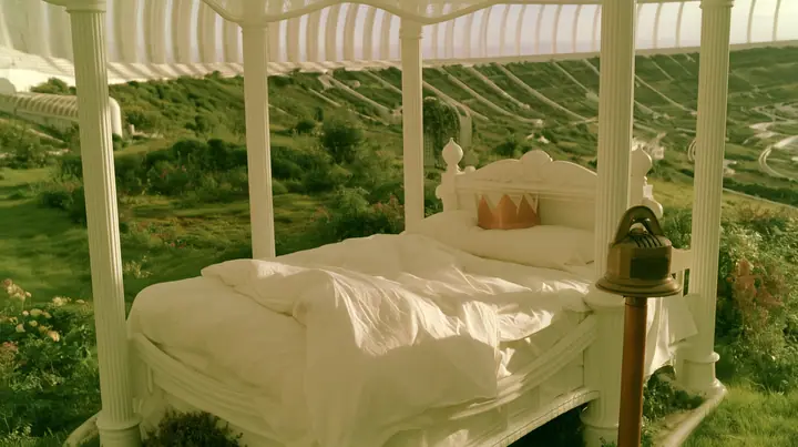 Make this the same photograph with nobody in it: remove the woman and continue the scene behind her where she stood. Keep everything else exactly: the white four-poster bed with its white linen and the brass punch…