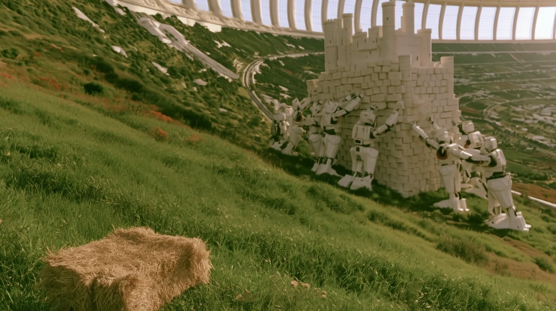 Make this the same photograph with nobody in it: remove the woman and continue the scene behind her where she stood. Keep everything else exactly: the green hillside, the white robots and the tall white castle, the…