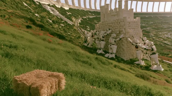 Make this the same photograph with nobody in it: remove the woman and continue the scene behind her where she stood. Keep everything else exactly: the green hillside, the white robots and the tall white castle, the…