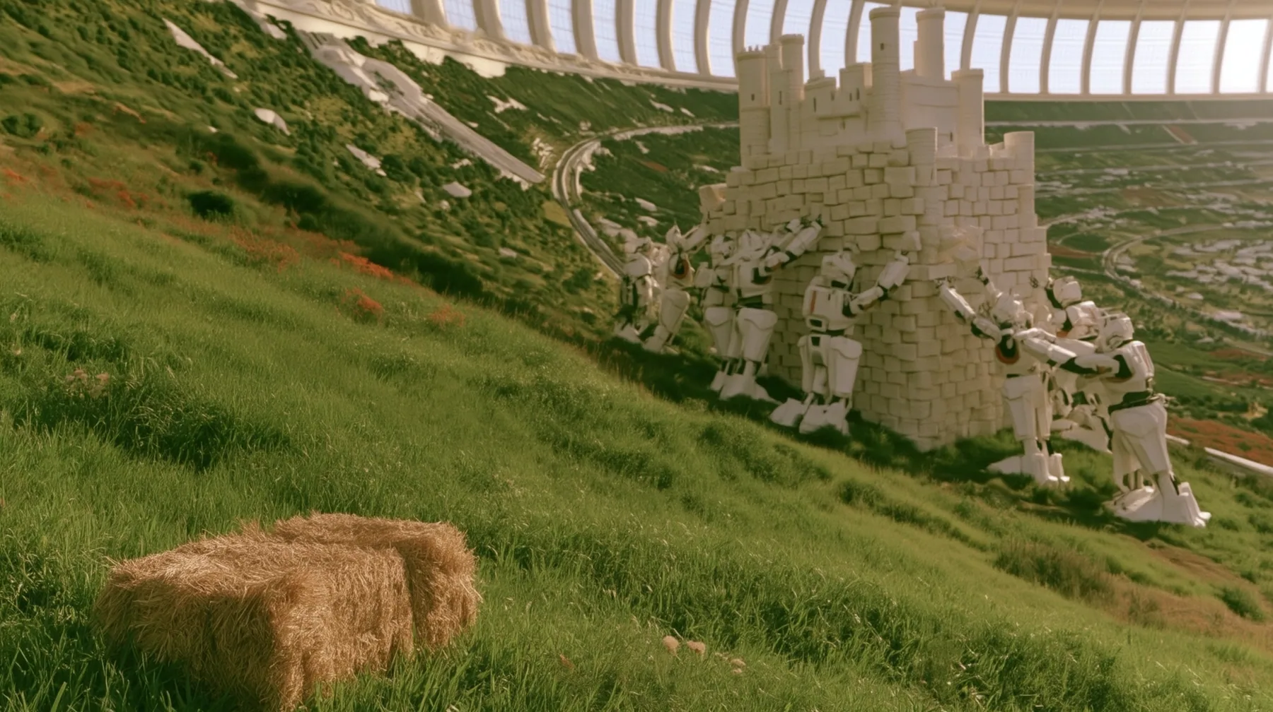 Make this the same photograph with nobody in it: remove the woman and continue the scene behind her where she stood. Keep everything else exactly: the green hillside, the white robots and the tall white castle, the…