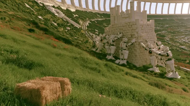 Make this the same photograph with nobody in it: remove the woman and continue the scene behind her where she stood. Keep everything else exactly: the green hillside, the white robots and the tall white castle, the…