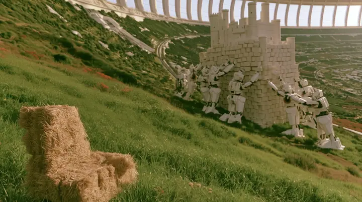Make this the same photograph with nobody in it: remove the woman and continue the scene behind her where she stood. Keep everything else exactly: the green hillside, the white robots and the tall white castle, the…