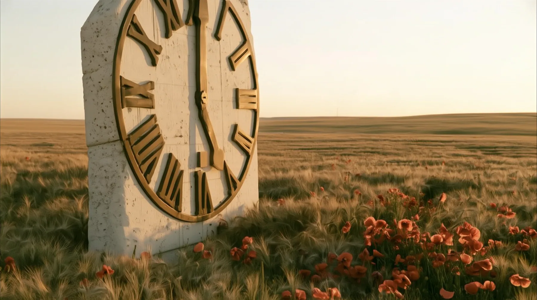 Make this the same photograph with nobody in it: remove the woman and continue the scene behind her where she stood. Keep everything else exactly: the giant white stone clock face with brass hands and the meadow of…