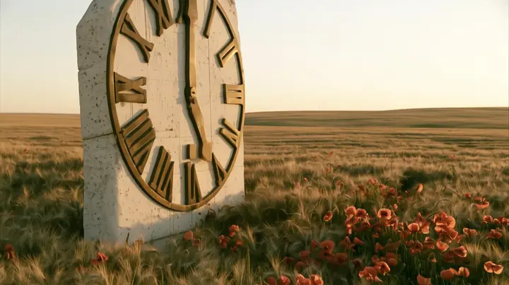 Make this the same photograph with nobody in it: remove the woman and continue the scene behind her where she stood. Keep everything else exactly: the giant white stone clock face with brass hands and the meadow of…