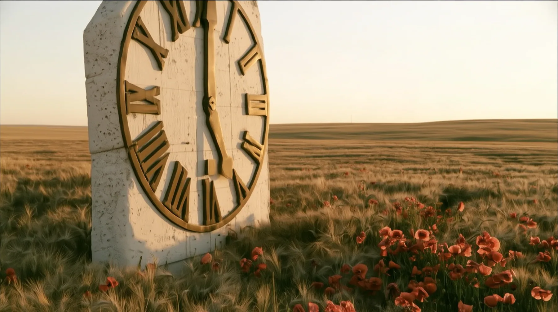 Make this the same photograph with nobody in it: remove the woman and continue the scene behind her where she stood. Keep everything else exactly: the giant white stone clock face with brass hands and the meadow of…