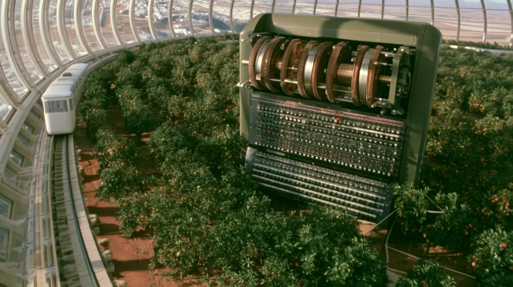 Make this the same photograph with nobody in it: remove the woman and continue the scene behind her where she stood. Keep everything else exactly: the giant Enigma machine, the orchard and the white tram on its rail,…