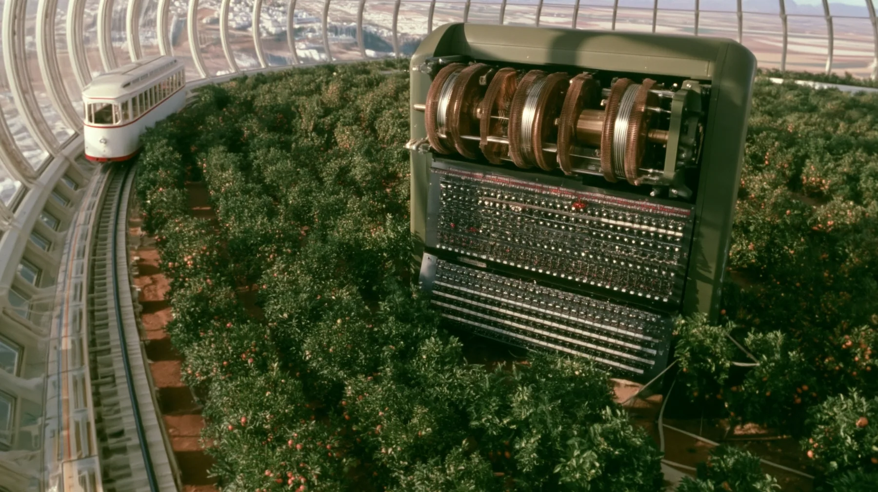 Make this the same photograph with nobody in it: remove the woman and continue the scene behind her where she stood. Keep everything else exactly: the giant Enigma machine, the orchard and the white tram on its rail,…