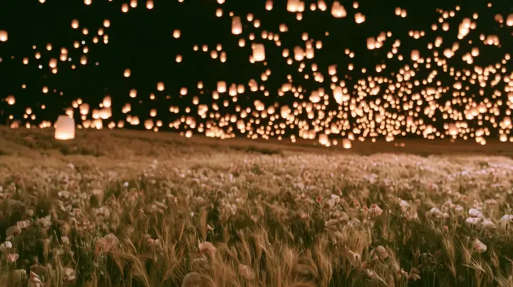 Make this the same photograph with nobody in it: remove the woman and continue the scene behind her where she stood. Keep everything else exactly: the night meadow and the thousands of glowing paper lanterns in the…