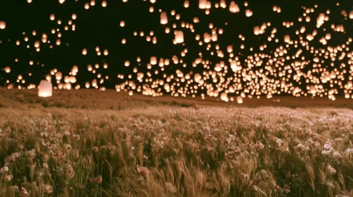 Make this the same photograph with nobody in it: remove the woman and continue the scene behind her where she stood. Keep everything else exactly: the night meadow and the thousands of glowing paper lanterns in the…