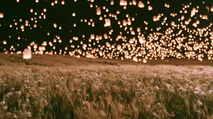Make this the same photograph with nobody in it: remove the woman and continue the scene behind her where she stood. Keep everything else exactly: the night meadow and the thousands of glowing paper lanterns in the…