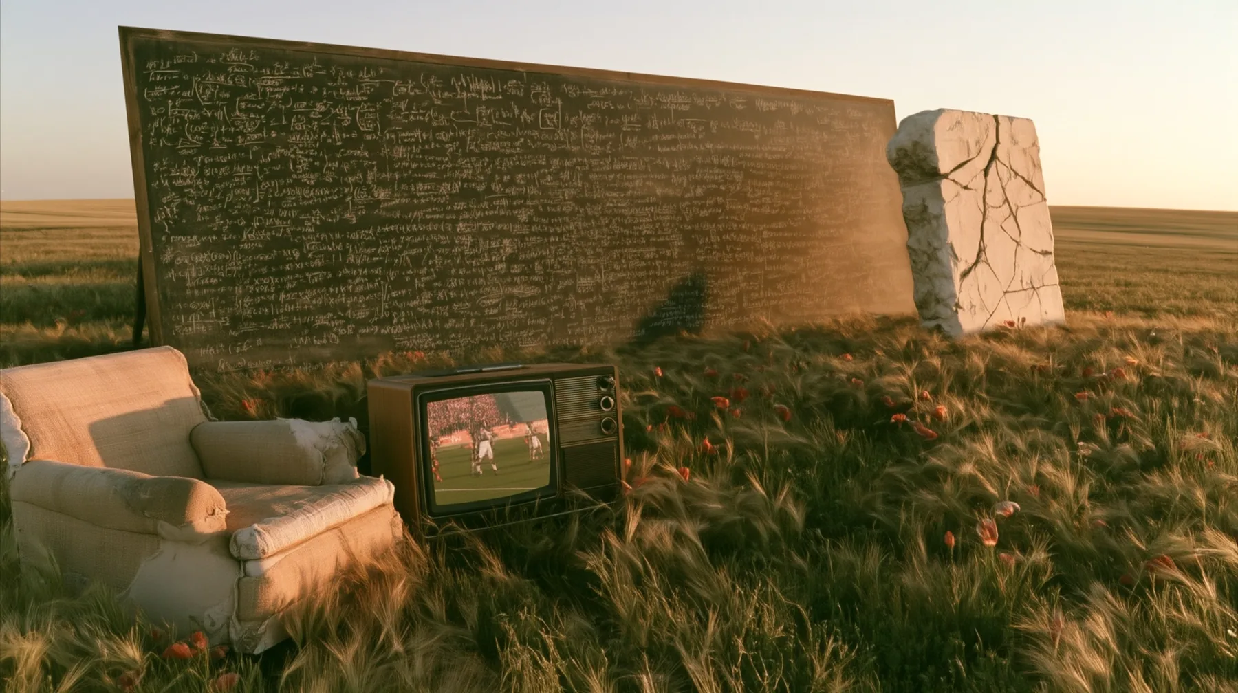 Make this the same photograph with nobody in it: remove the woman and continue the scene behind her where she stood. Keep everything else exactly: the old armchair sofa, the vintage television, the stone wall of…