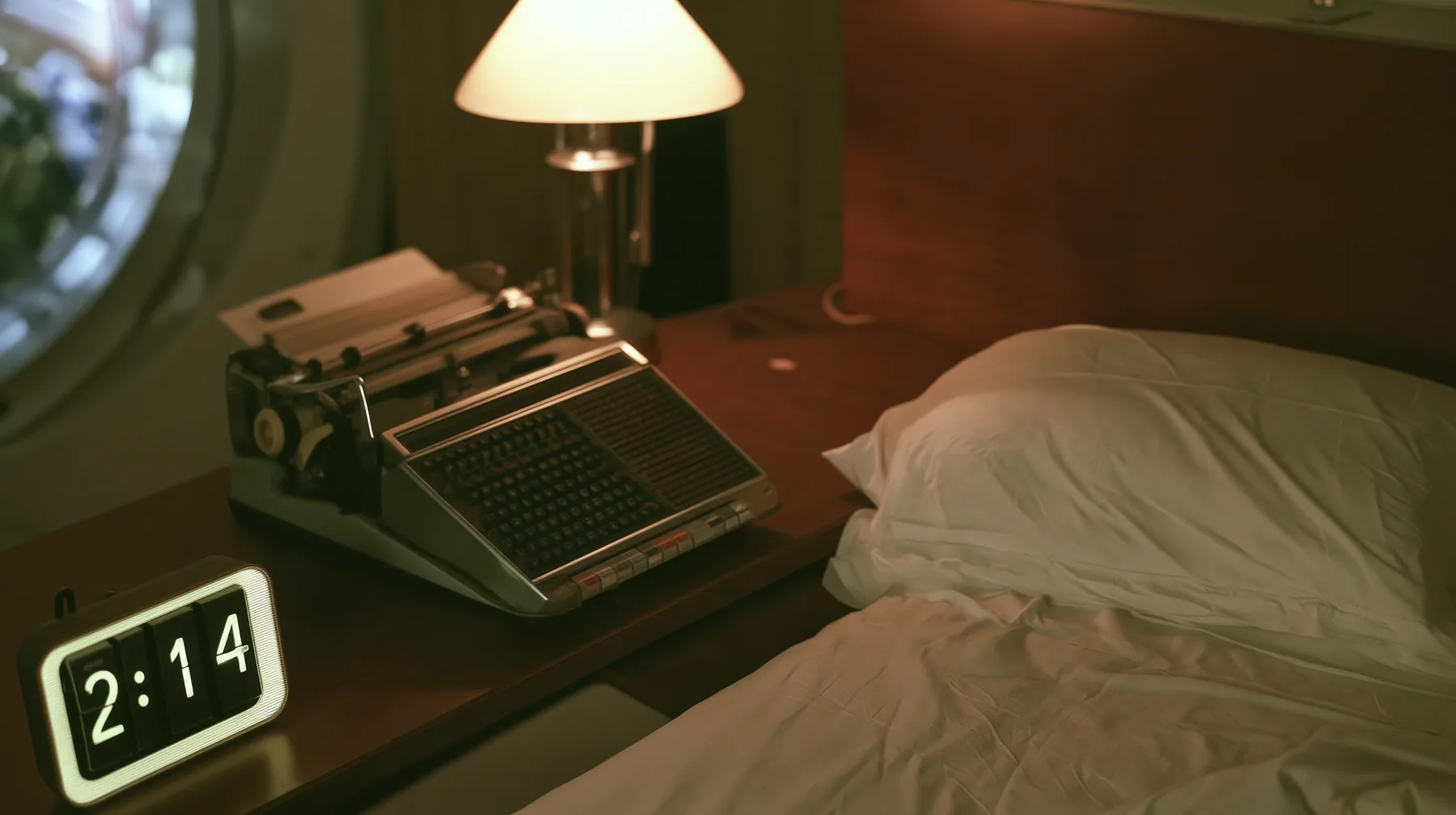 Make this the same photograph with nobody in it: remove the woman and continue the scene behind her where she stood. Keep everything else exactly: the dark bedroom, the empty bed and pillow, the flip clock reading…