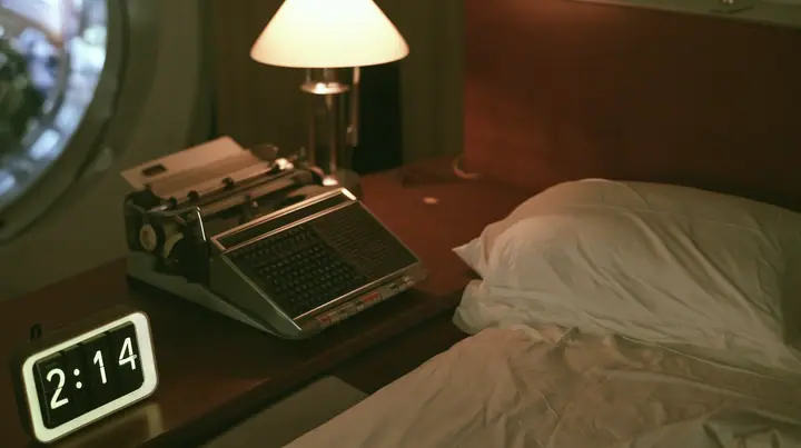 Make this the same photograph with nobody in it: remove the woman and continue the scene behind her where she stood. Keep everything else exactly: the dark bedroom, the empty bed and pillow, the flip clock reading…