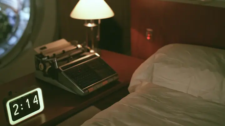 Make this the same photograph with nobody in it: remove the woman and continue the scene behind her where she stood. Keep everything else exactly: the dark bedroom, the empty bed and pillow, the flip clock reading…