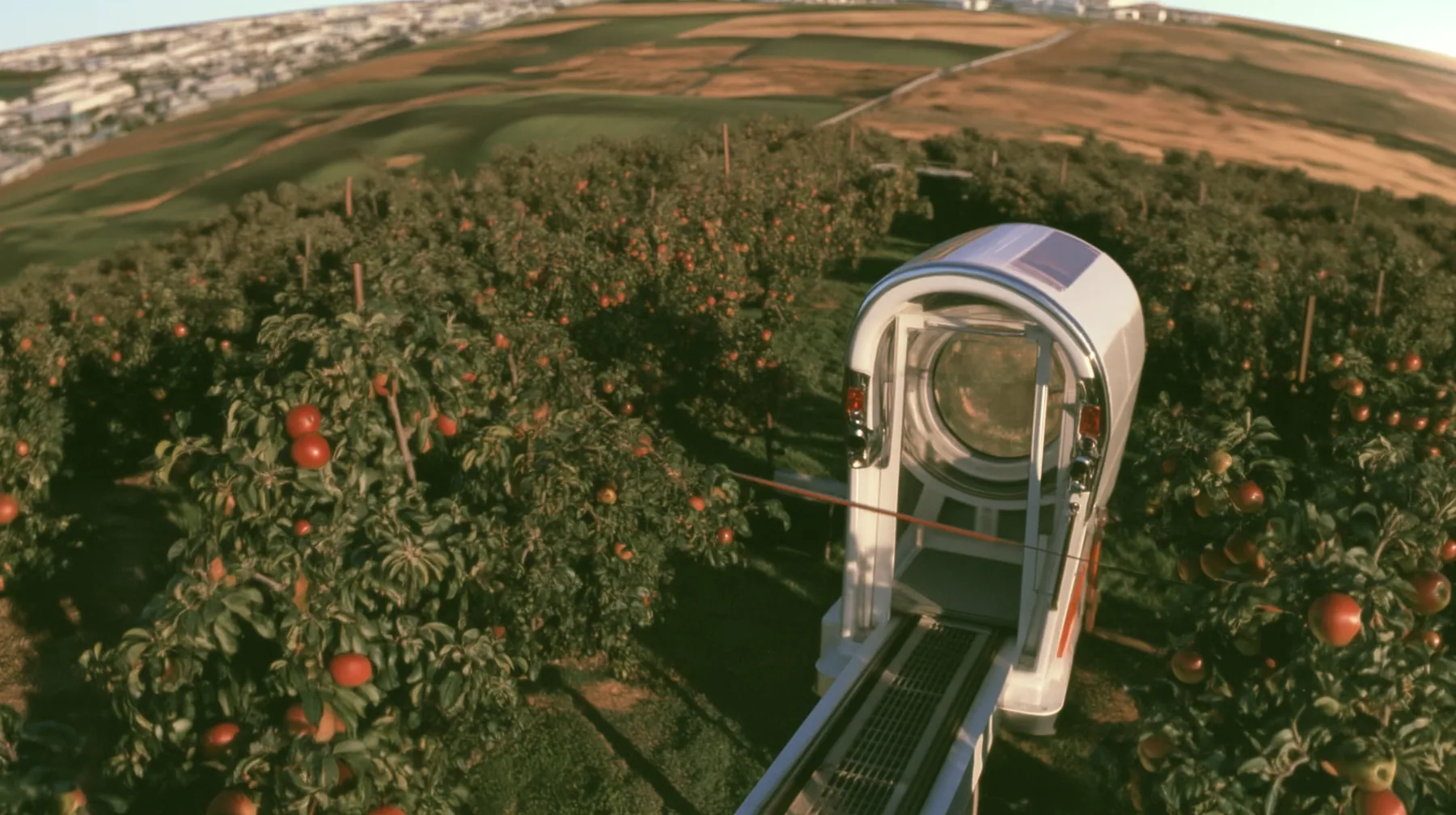 Make this the same photograph with nobody in it: remove the woman and continue the scene behind her where she stood. Keep everything else exactly: the little white tram on its rail, now empty, and the apple orchard…