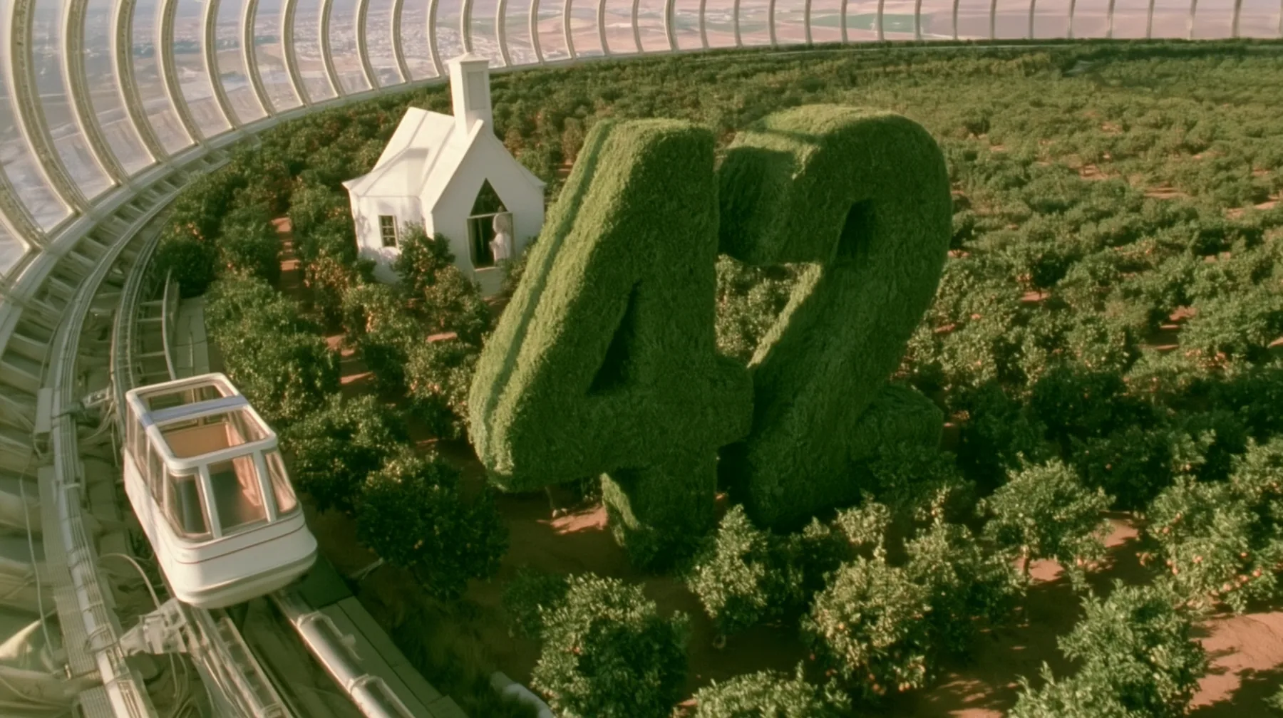 Make this the same photograph with nobody in it: remove the woman and continue the scene behind her where she stood. Keep everything else exactly: the hedges clipped into the number 42, the little white chapel and…