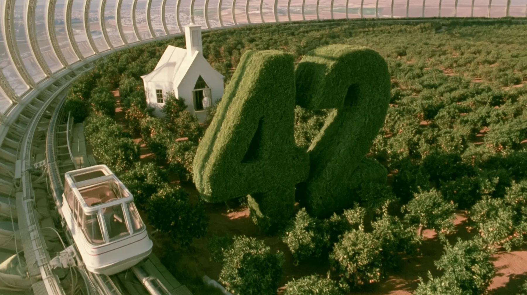 Make this the same photograph with nobody in it: remove the woman and continue the scene behind her where she stood. Keep everything else exactly: the hedges clipped into the number 42, the little white chapel and…