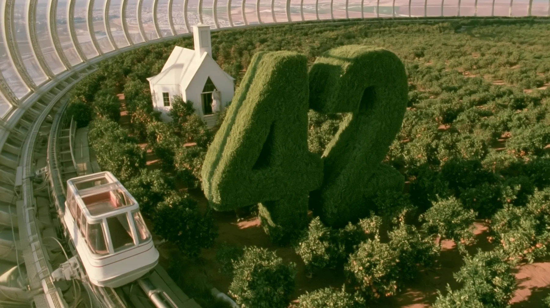 Make this the same photograph with nobody in it: remove the woman and continue the scene behind her where she stood. Keep everything else exactly: the hedges clipped into the number 42, the little white chapel and…
