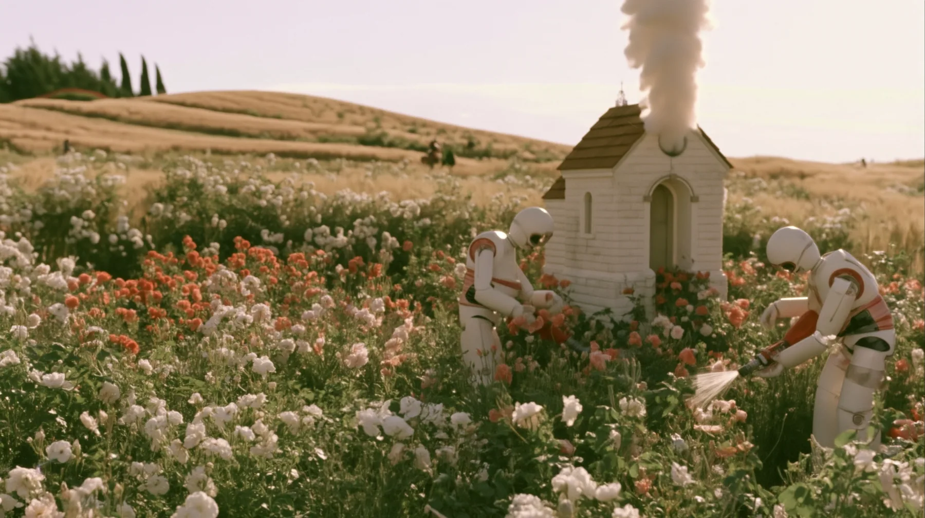 Make this the same photograph with nobody in it: remove the woman and continue the scene behind her where she stood. Keep everything else exactly: the garden of white roses, the white robots tending the flowers and…