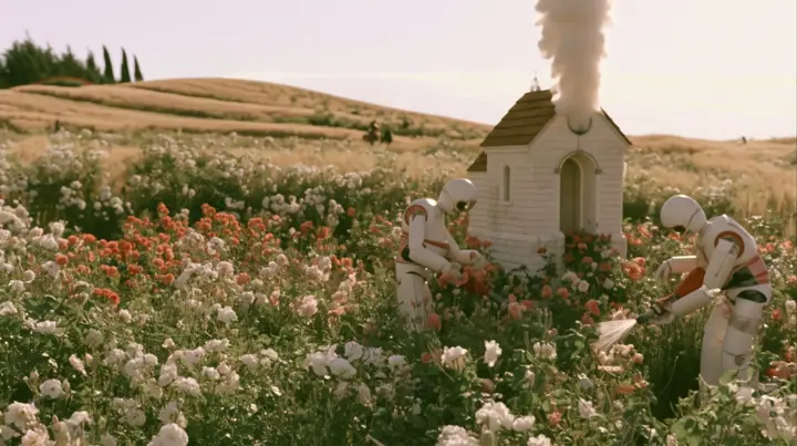 Make this the same photograph with nobody in it: remove the woman and continue the scene behind her where she stood. Keep everything else exactly: the garden of white roses, the white robots tending the flowers and…