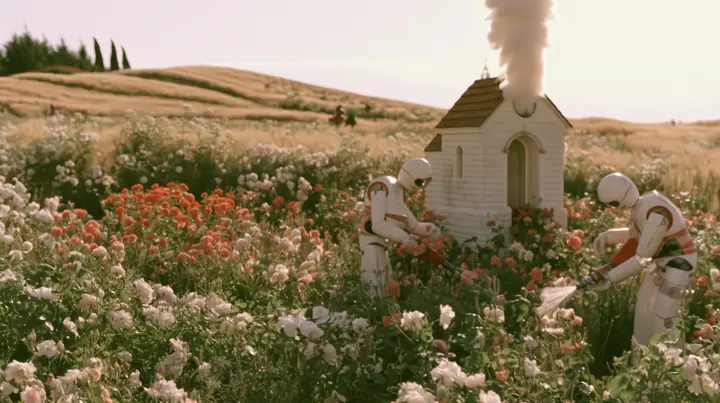 Make this the same photograph with nobody in it: remove the woman and continue the scene behind her where she stood. Keep everything else exactly: the garden of white roses, the white robots tending the flowers and…