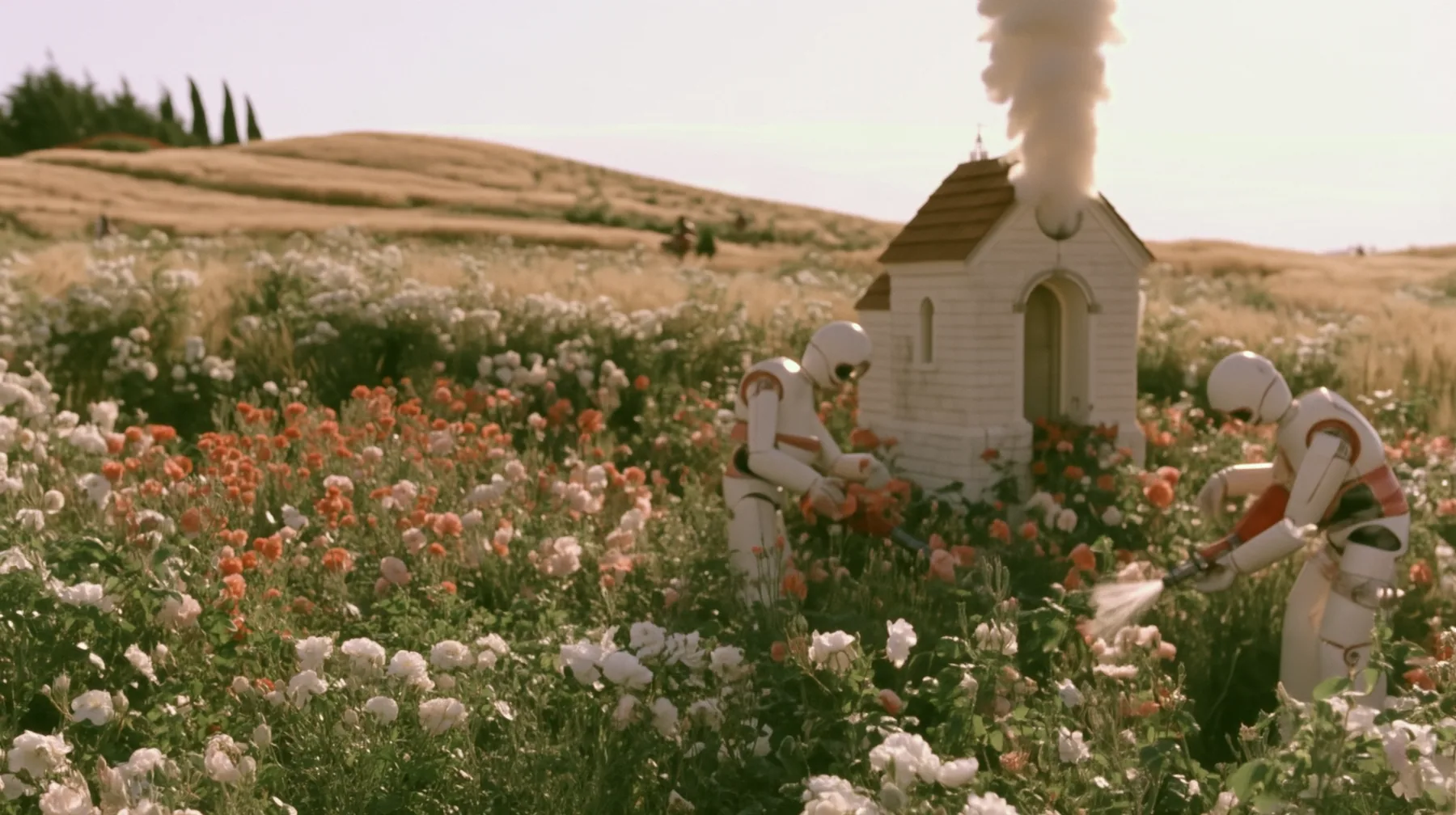 Make this the same photograph with nobody in it: remove the woman and continue the scene behind her where she stood. Keep everything else exactly: the garden of white roses, the white robots tending the flowers and…