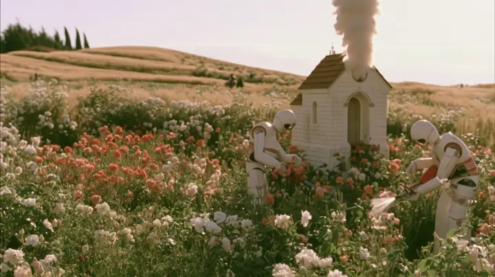 Make this the same photograph with nobody in it: remove the woman and continue the scene behind her where she stood. Keep everything else exactly: the garden of white roses, the white robots tending the flowers and…
