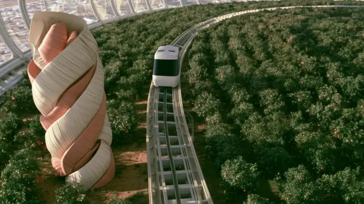 Make this the same photograph with nobody in it: remove the woman and continue the scene behind her where she stood. Keep everything else exactly: the giant folded-protein sculpture, the orchard and the white tram on…