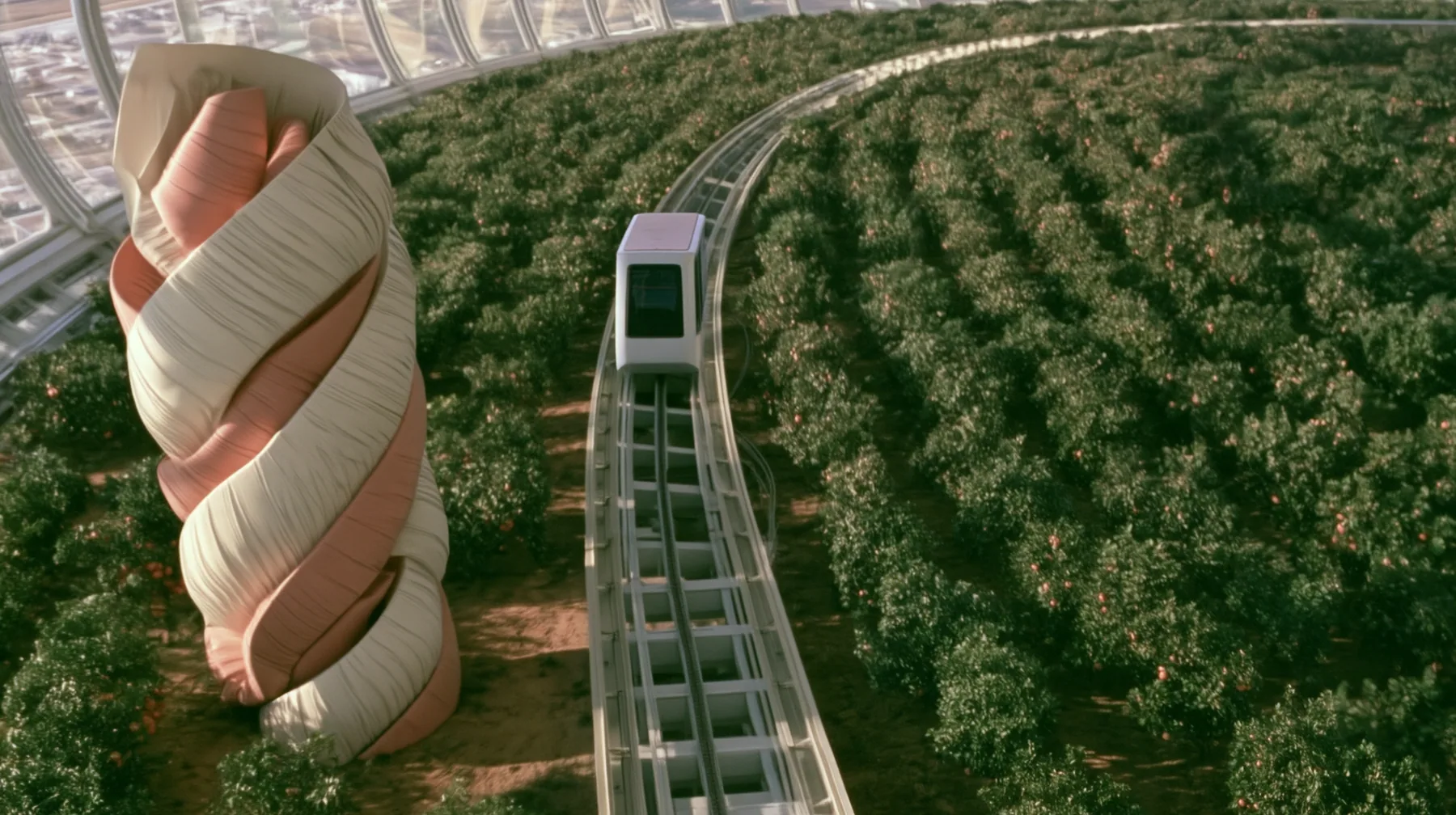 Make this the same photograph with nobody in it: remove the woman and continue the scene behind her where she stood. Keep everything else exactly: the giant folded-protein sculpture, the orchard and the white tram on…