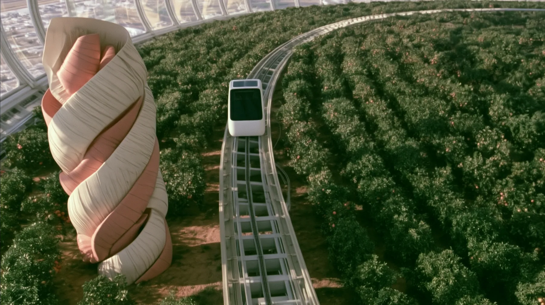 Make this the same photograph with nobody in it: remove the woman and continue the scene behind her where she stood. Keep everything else exactly: the giant folded-protein sculpture, the orchard and the white tram on…