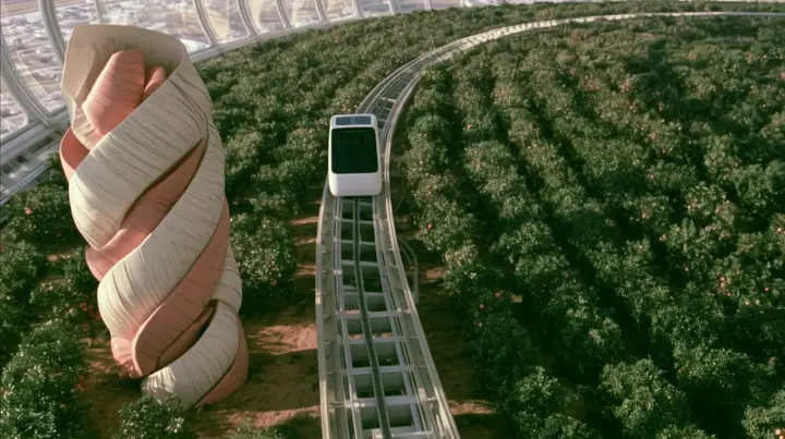 Make this the same photograph with nobody in it: remove the woman and continue the scene behind her where she stood. Keep everything else exactly: the giant folded-protein sculpture, the orchard and the white tram on…