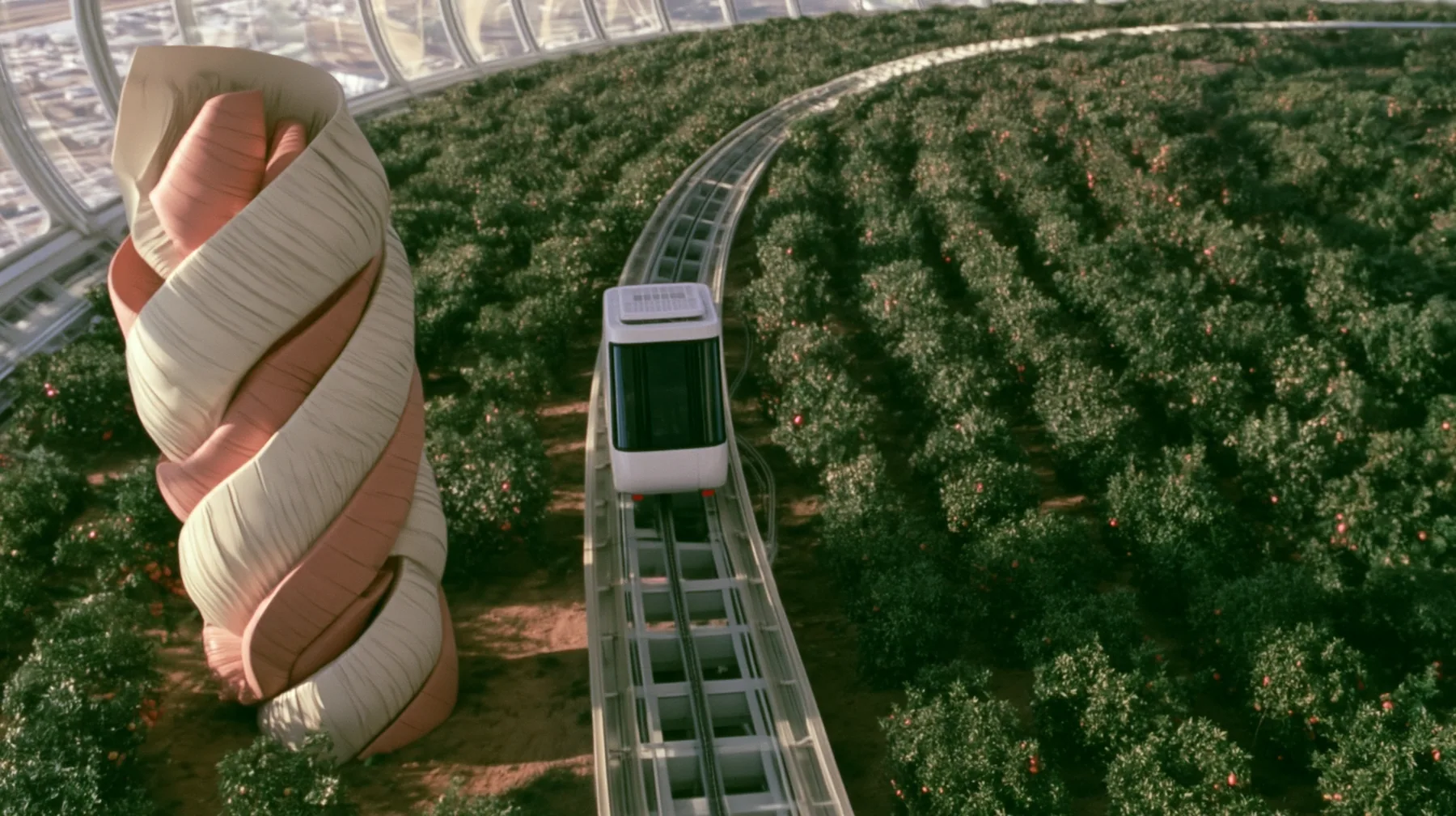 Make this the same photograph with nobody in it: remove the woman and continue the scene behind her where she stood. Keep everything else exactly: the giant folded-protein sculpture, the orchard and the white tram on…