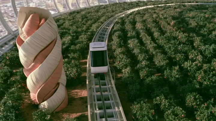 Make this the same photograph with nobody in it: remove the woman and continue the scene behind her where she stood. Keep everything else exactly: the giant folded-protein sculpture, the orchard and the white tram on…