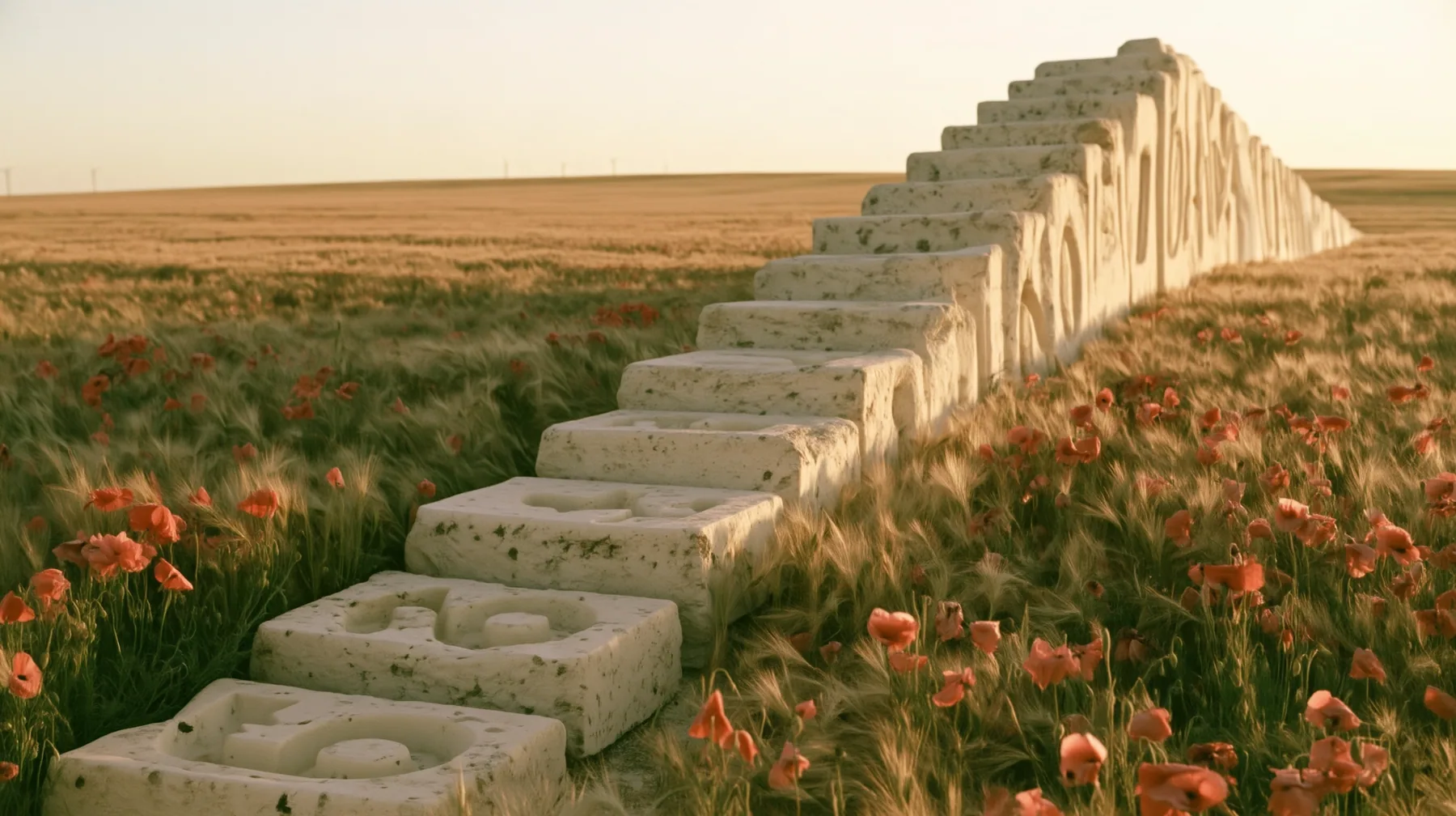 Make this the same photograph with nobody in it: remove the woman and continue the scene behind her where she stood. Keep everything else exactly: the long stair of carved white stone blocks running down through the…