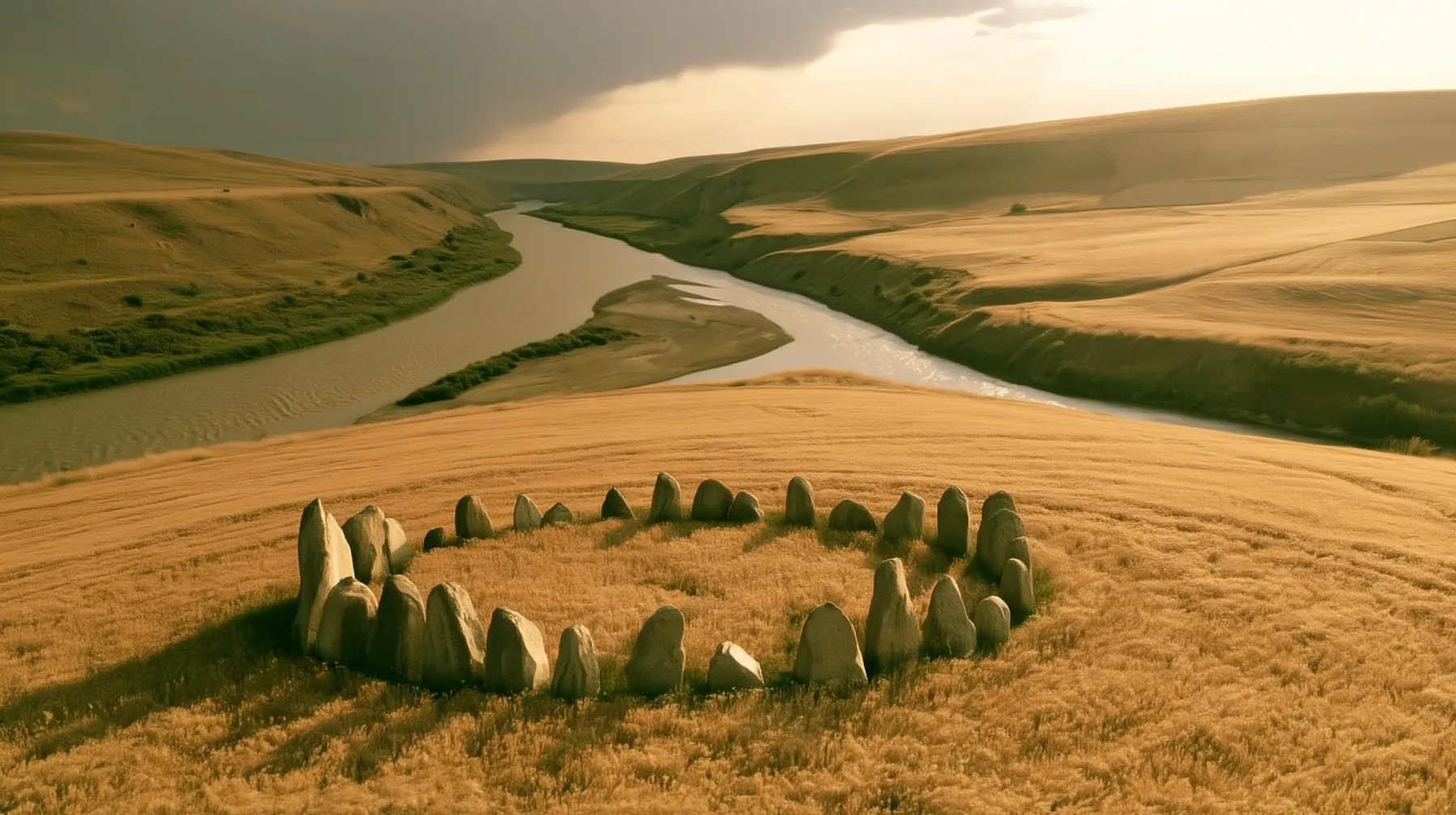 Make this the same photograph with nobody in it: remove the woman and continue the scene behind her where she stood. Keep everything else exactly: the circle of standing stones on the golden hill and the forking…