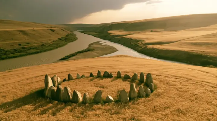 Make this the same photograph with nobody in it: remove the woman and continue the scene behind her where she stood. Keep everything else exactly: the circle of standing stones on the golden hill and the forking…