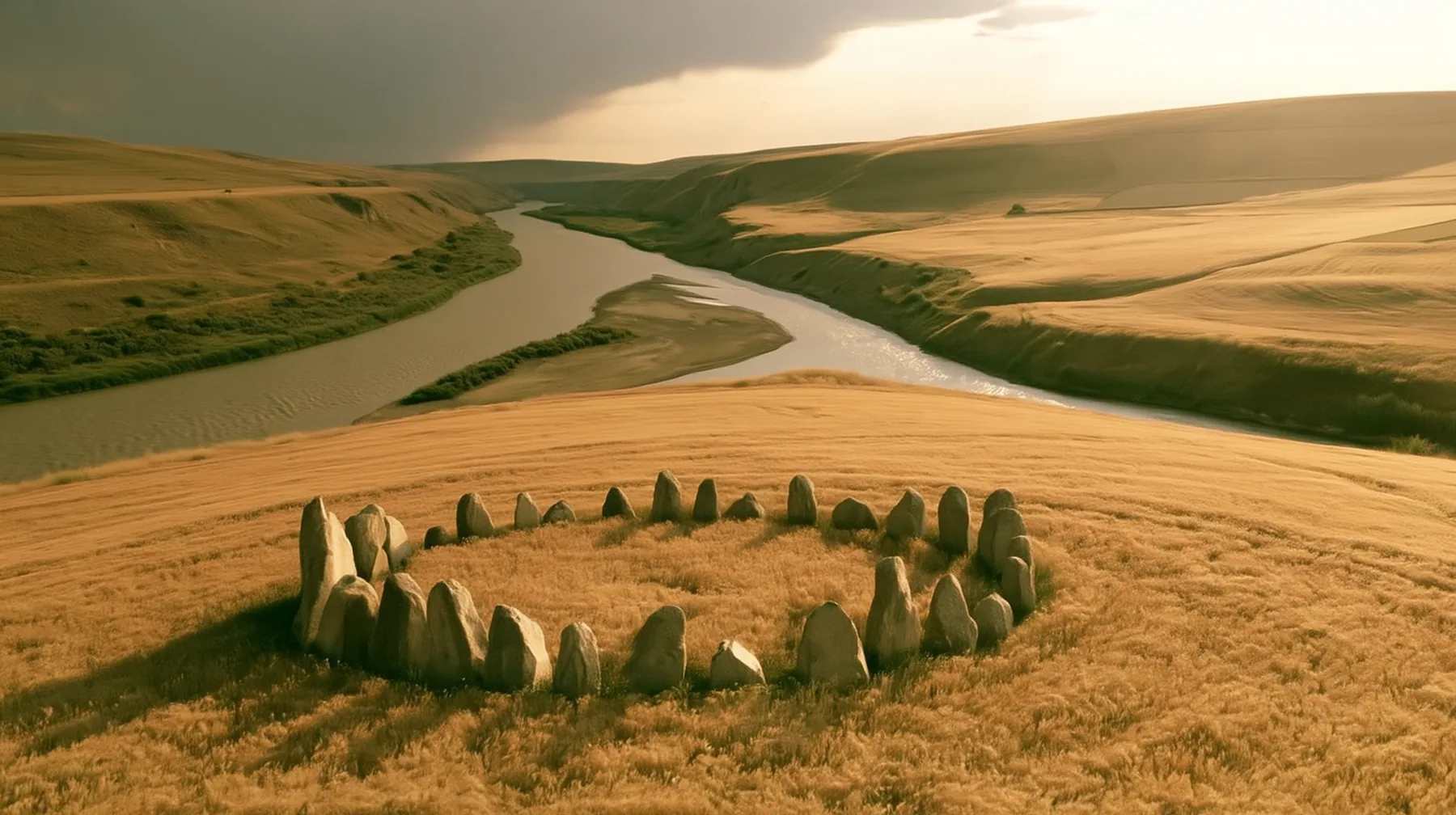 Make this the same photograph with nobody in it: remove the woman and continue the scene behind her where she stood. Keep everything else exactly: the circle of standing stones on the golden hill and the forking…