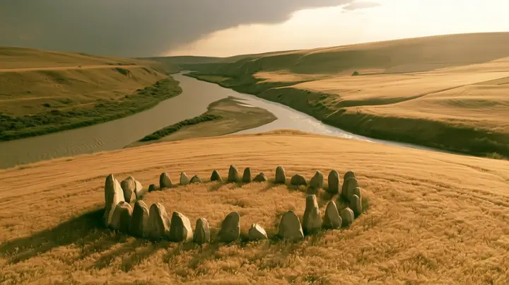 Make this the same photograph with nobody in it: remove the woman and continue the scene behind her where she stood. Keep everything else exactly: the circle of standing stones on the golden hill and the forking…