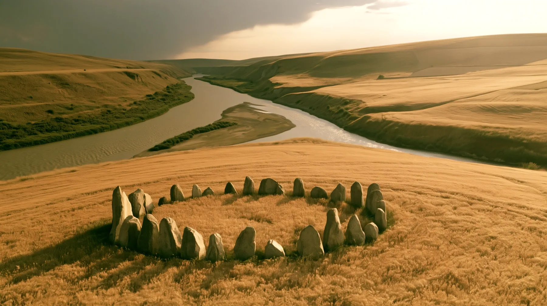 Make this the same photograph with nobody in it: remove the woman and continue the scene behind her where she stood. Keep everything else exactly: the circle of standing stones on the golden hill and the forking…