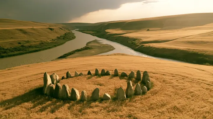 Make this the same photograph with nobody in it: remove the woman and continue the scene behind her where she stood. Keep everything else exactly: the circle of standing stones on the golden hill and the forking…