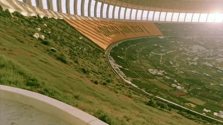 Make this the same photograph with nobody in it: remove the woman and continue the scene behind her where she stood. Keep everything else exactly: the white stone terrace and balustrade and the vast curving land of…
