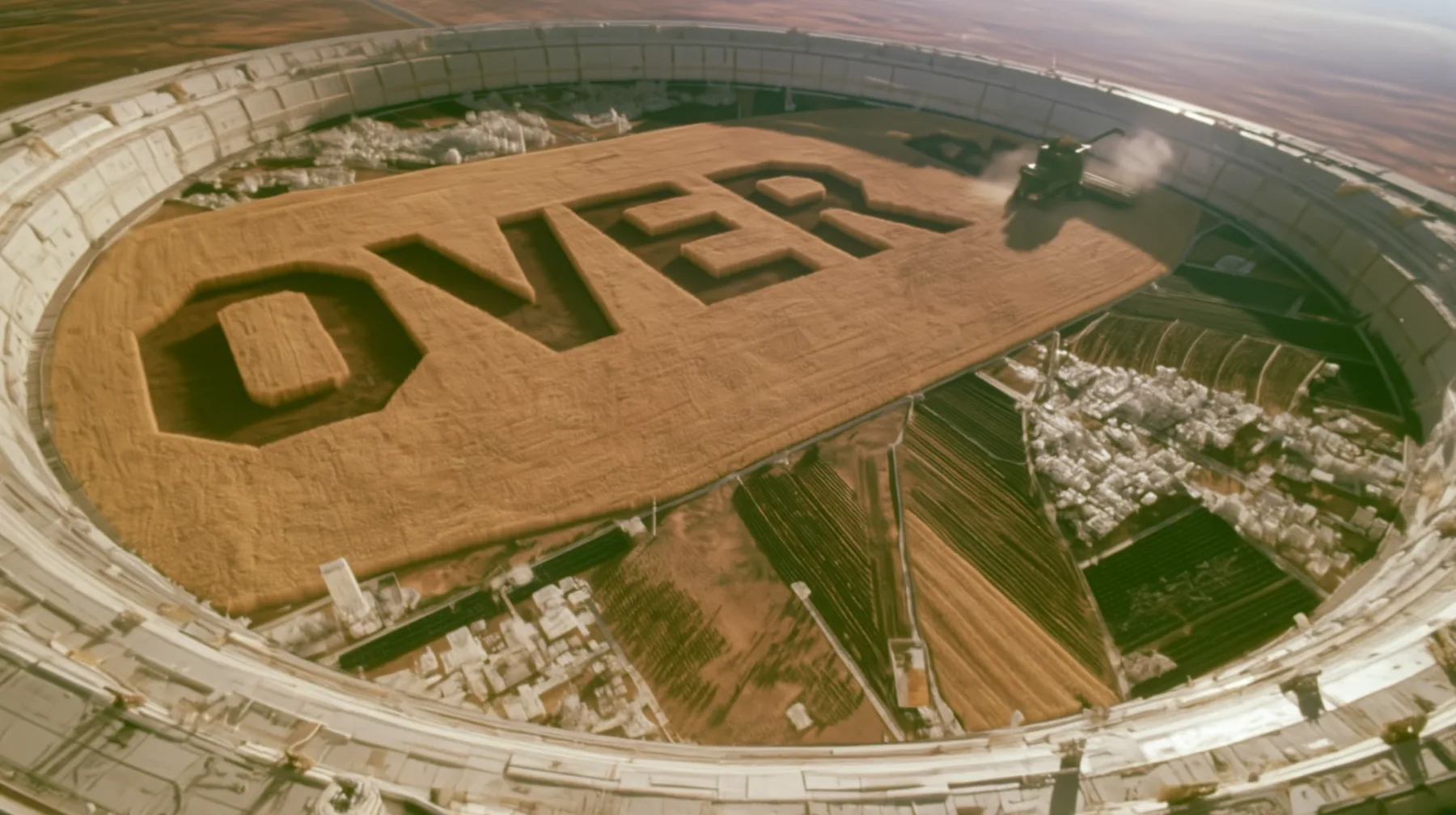 Make this the same photograph with nobody in it: remove the woman and continue the scene behind her where she stood. Keep everything else exactly: the aerial view of the colony's golden wheat fields and the giant…