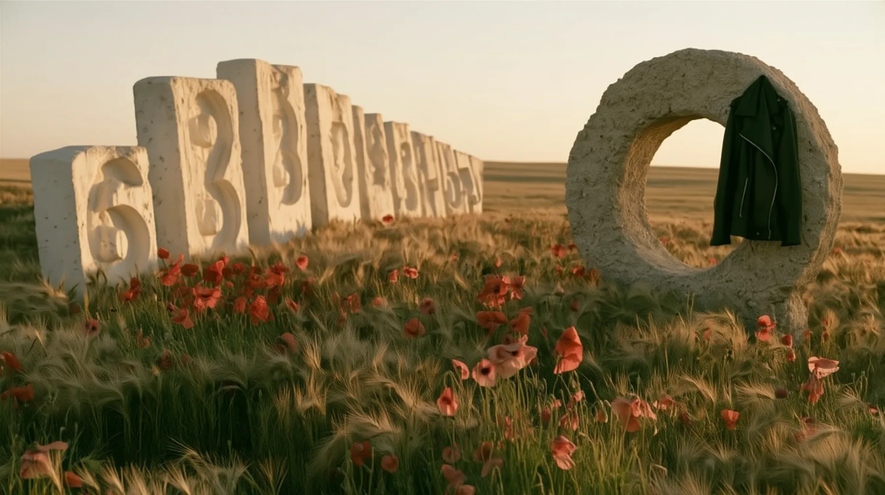 Make this the same photograph with nobody in it: remove the woman and continue the scene behind her where she stood. Keep everything else exactly: the meadow, the giant stone zero with the black leather jacket…