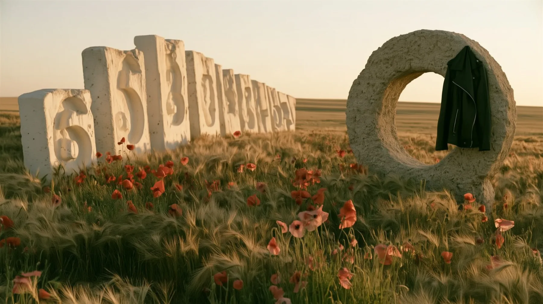 Make this the same photograph with nobody in it: remove the woman and continue the scene behind her where she stood. Keep everything else exactly: the meadow, the giant stone zero with the black leather jacket…