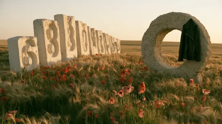 Make this the same photograph with nobody in it: remove the woman and continue the scene behind her where she stood. Keep everything else exactly: the meadow, the giant stone zero with the black leather jacket…